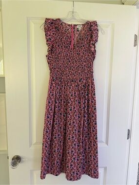 J. Crew Pink Floral Smocked Midi Dress with Blue Accents